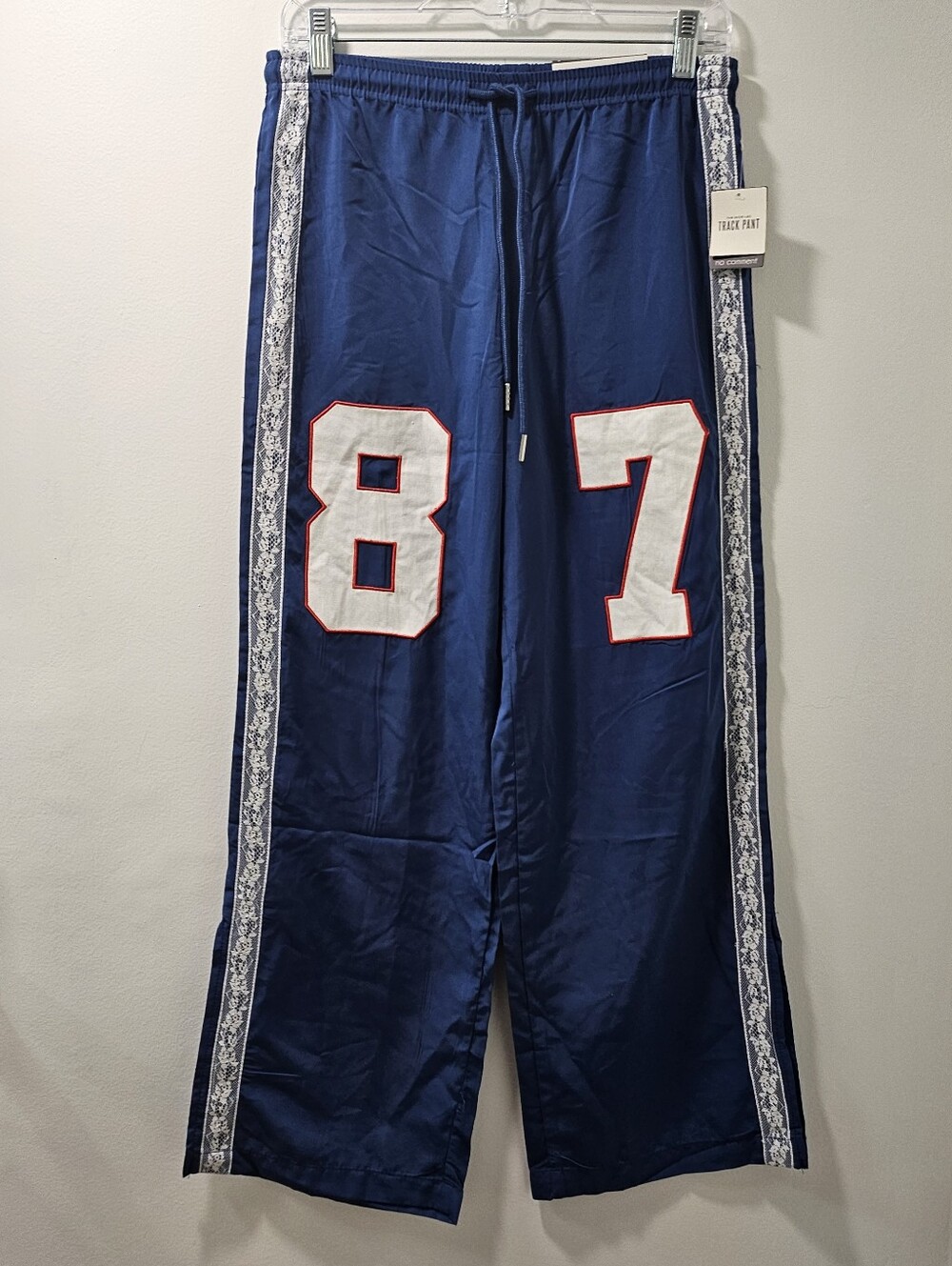 NWT No Comment Royal Blue Wide Leg Track Pants Lace Stripe Varsity 87 Small